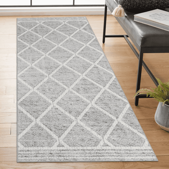 ReaLife Rugs Machine Washable Printed Tessa Modern Distressed Trellis Light Gray Ivory Eco-friendly Recycled Fiber Area Runner Rug (2'6" x 6')