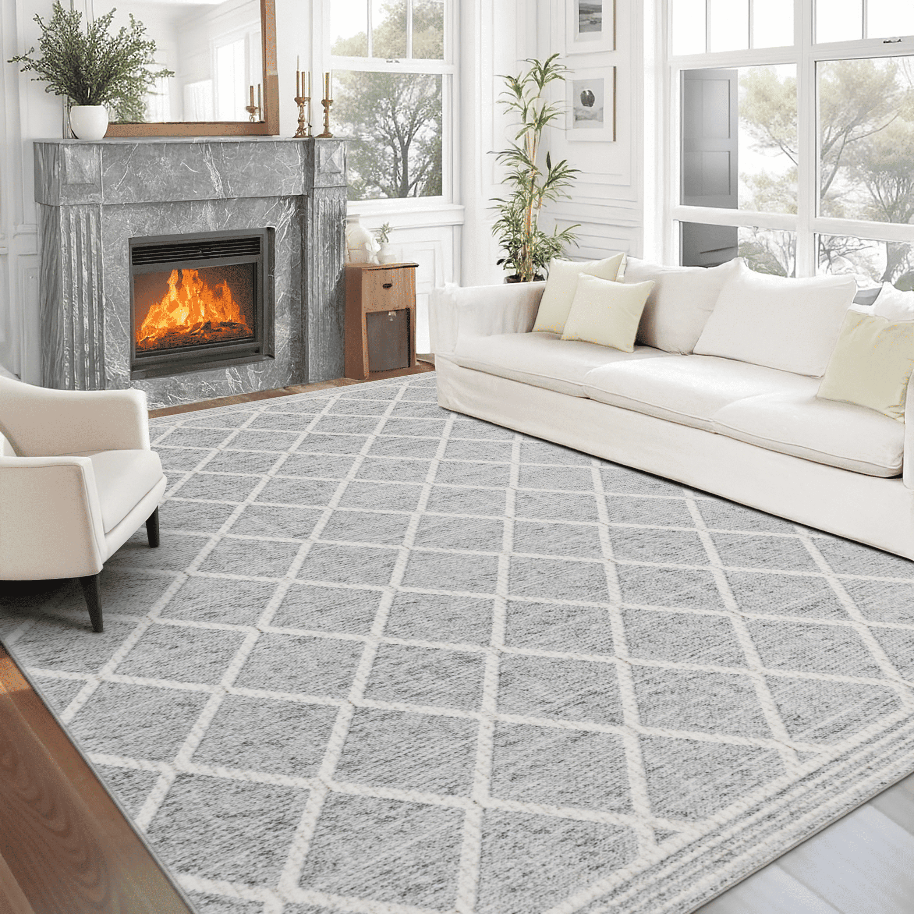 ReaLife Rugs Machine Washable Printed Tessa Modern Distressed Trellis Light Gray Ivory Eco-friendly Recycled Fiber Area Runner Rug (3' x 5')