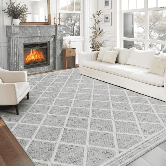 ReaLife Rugs Machine Washable Printed Tessa Modern Distressed Trellis Light Gray Ivory Eco-friendly Recycled Fiber Area Runner Rug (3' x 5')