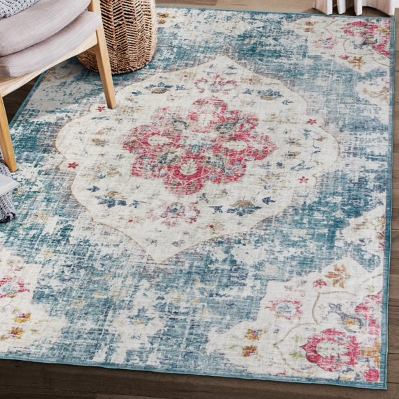 ReaLife Rugs Machine Washable Printed Vintage Distressed Bohemian Light Blue Eco-friendly Recycled Fiber Area Runner Rug (7'6" x 9'6")