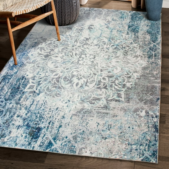 ReaLife Rugs Machine Washable Printed Vintage Distressed Floral Gray Eco-friendly Recycled Fiber Area Runner Rug (3' x 5')