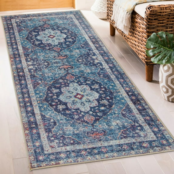 ReaLife Rugs Machine Washable Printed Vintage Distressed Medallion Blue Eco-friendly Recycled Fiber Area Runner Rug (2'6" x 8')