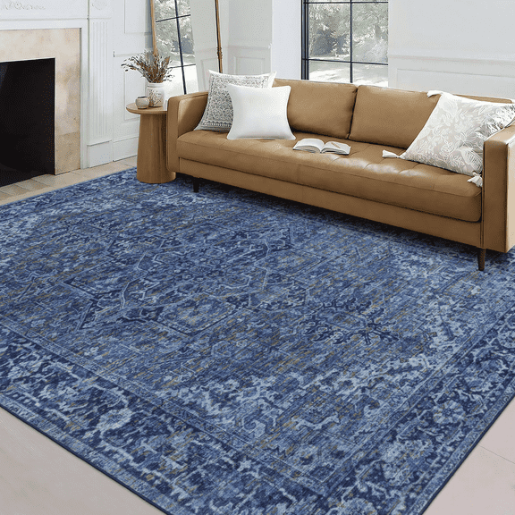 ReaLife Rugs Machine Washable Printed Vintage Distressed Traditional Blue Eco-friendly Recycled Fiber Area Runner Rug (4' x 6')