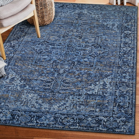 ReaLife Rugs Machine Washable Printed Vintage Distressed Traditional Blue Eco-friendly Recycled Fiber Area Runner Rug (5' x 7')