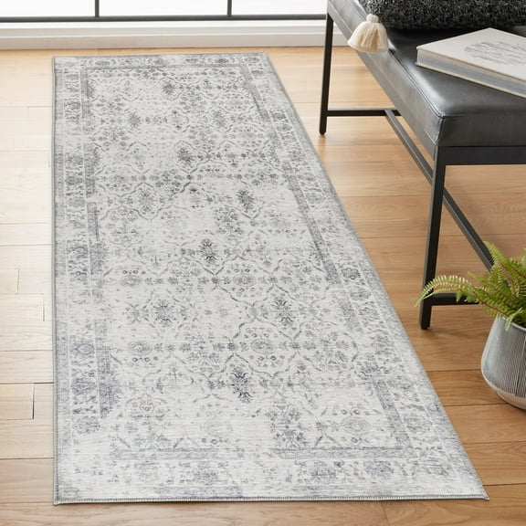 ReaLife Rugs Machine Washable Printed Vintage Distressed Trellis Ivory-Gray Eco-friendly Recycled Fiber Area Runner Rug (2'6" x 6')