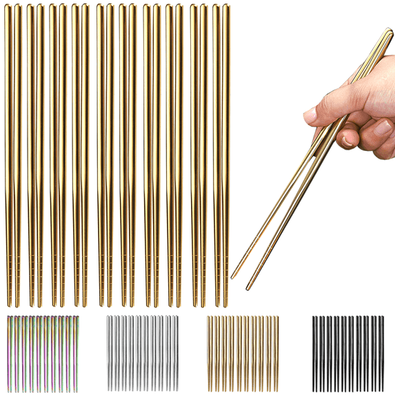 ReaNea 10 Pairs Gold Reusable Chopsticks, Stainless Steel Metal Chop Sticks, Japanese Chinese Korean Chopstick 8.9"