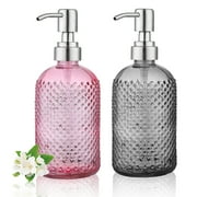 ReaNea 12oz Soap Dispenser 2 Pack Clear Glass for Kitchen Sink, Bathroom (Gray+Pink)