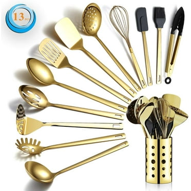 ReaNea 13 Pieces Gold Cooking Utensils Set, Stainless Steel Kitchen Utensils Set with Utensil Holder