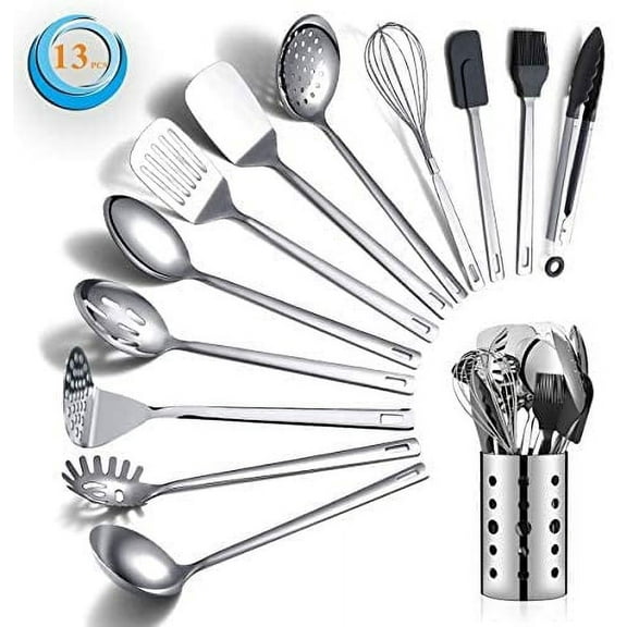 ReaNea 13 Pieces Shiny Stainless Steel Kitchen Utensils Set with Utensil Holder