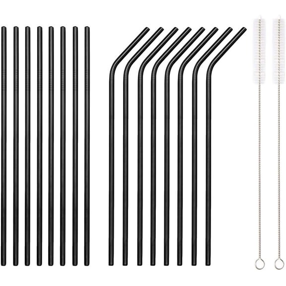 ReaNea 18 Piece Black Stainless Steel Straws,8.5 ''Reusable Drinking Straws,with Portable Pouch