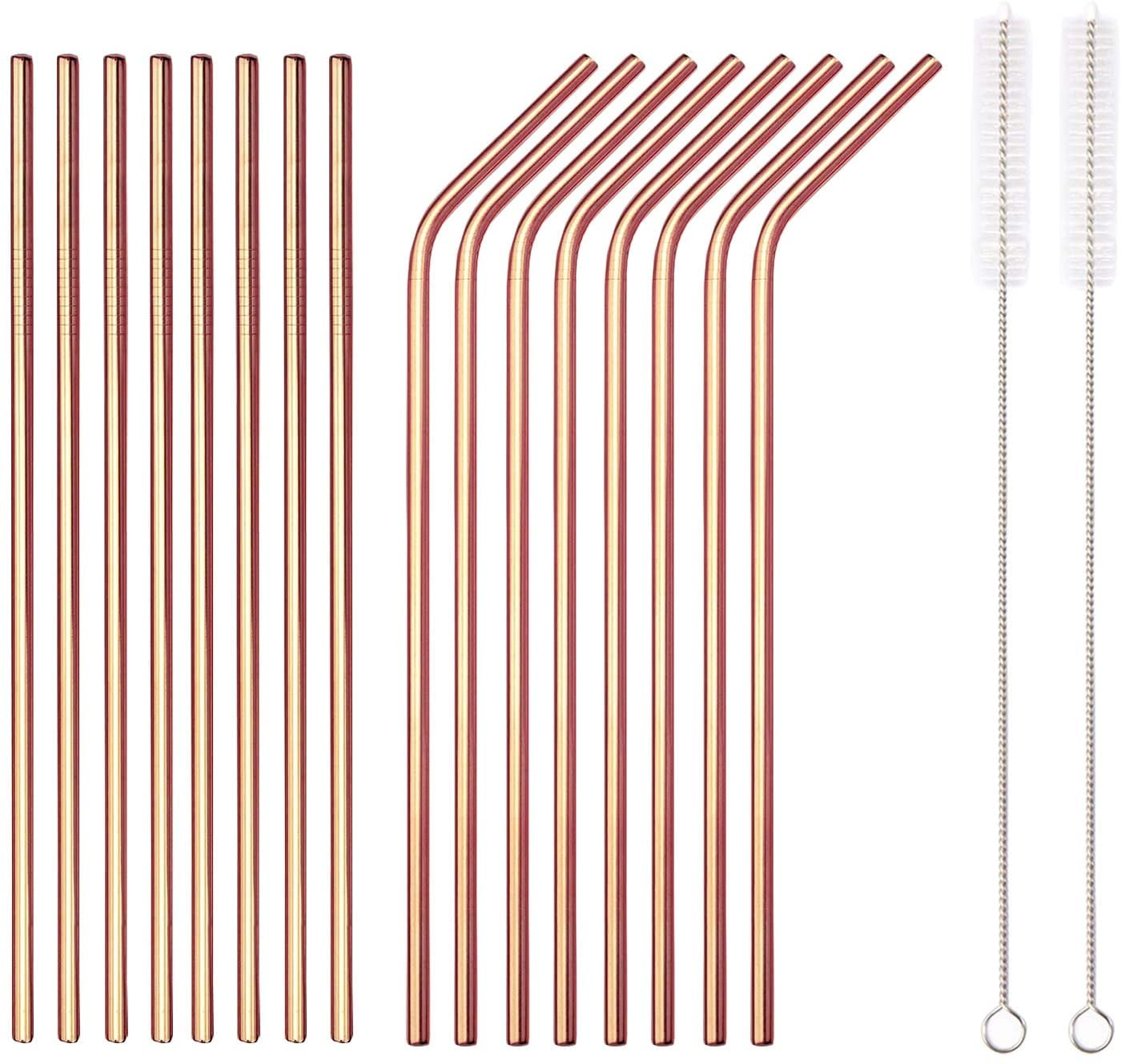 ReaNea 18 Piece Rose Gold Stainless Steel Straws Set, 8.5 ''Reusable Drinking Metal Straws