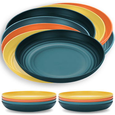 ReaNea 9 Inch Large Deep Plastic Plates 8 Pieces, Unbreakable And Reusable Camping Travel Pinic Light Weight Dinner Plates Pasta and Dumpling Bowl BPA Free