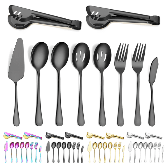 ReaNea Black Flatware Serving Set of 10 Pieces, Silverware Serving Utensils Large Spoon Set