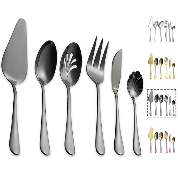 ReaNea Black Flatware Serving Set of 6 Pieces, Silverware Serving Spoons Set