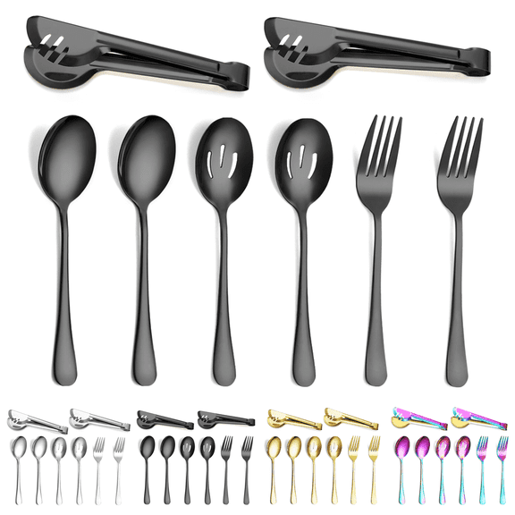 ReaNea Black Flatware Serving Set of 8 Pieces, Silverware Serving Utensils Large Spoon Set