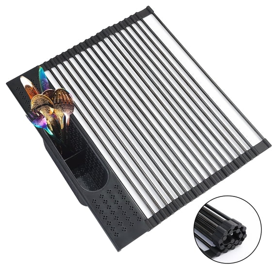 ReaNea Black Roll Up Dish Drying Rack Over The Sink, Kitchen Rolling Dish Drainer, Foldable Sink Rack Mat for Kitchen Sink Counter