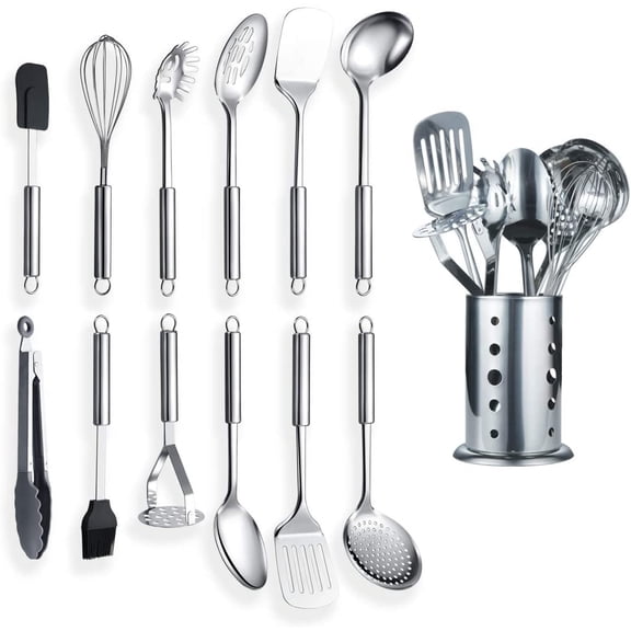 ReaNea Cooking Utensils Set 13 Piece Stainless Steel Kitchen Utensils Set with Utensil Holder, Kitchen Tools Set with Caddy