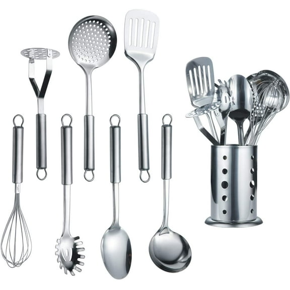 ReaNea Cooking Utensils Set 8 Piece, Stainless Steel Kitchen Utensils Set with Utensil Holder, Kitchen Tool Set and Caddy