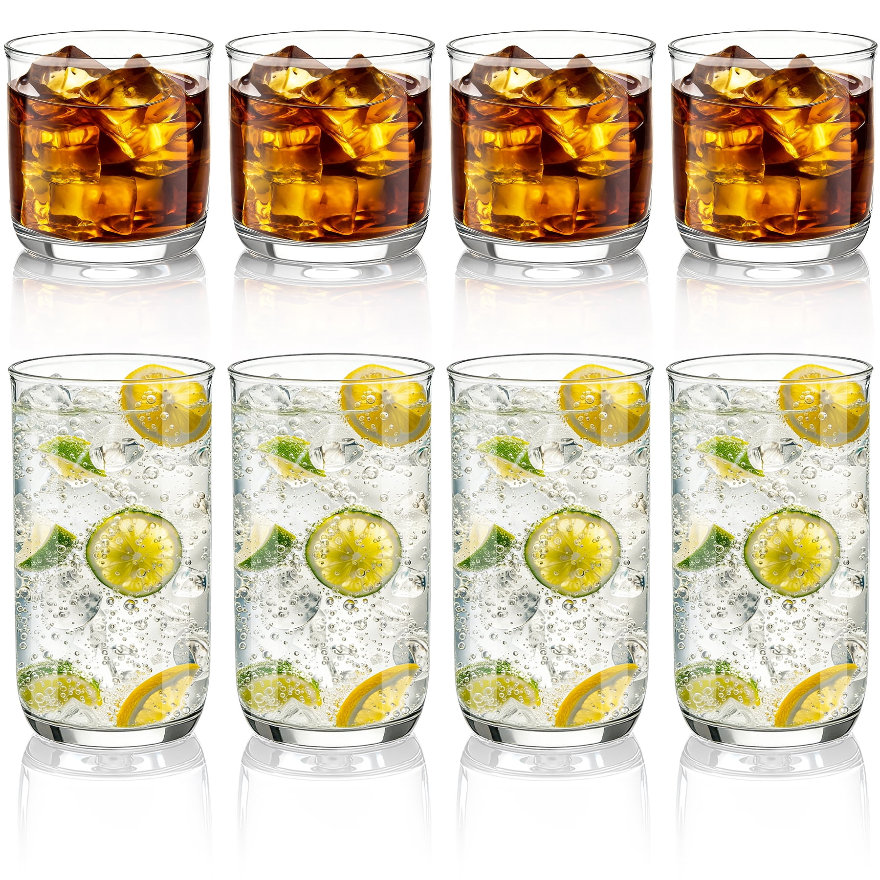 ReaNea Drinking Glasses Set of 8, PET Clear Plastic Highball Glasses 14oz & Whiskey Cocktail Glasses Set 11.5oz, Heavy Duty Unbreakable Water Glasses Cup Tumbler Glassware for Beer, Juice, Milk