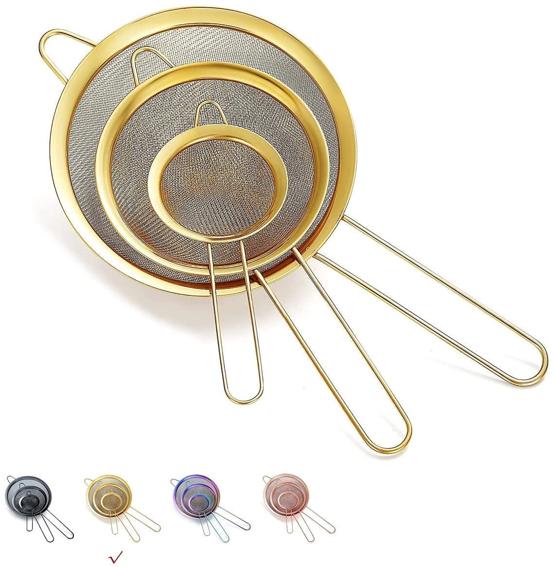 ReaNea Fine Mesh Strainer, Flour Sifter for Baking, Stainless Steel Colander, Tea Strainer Set of 3 (Gold)