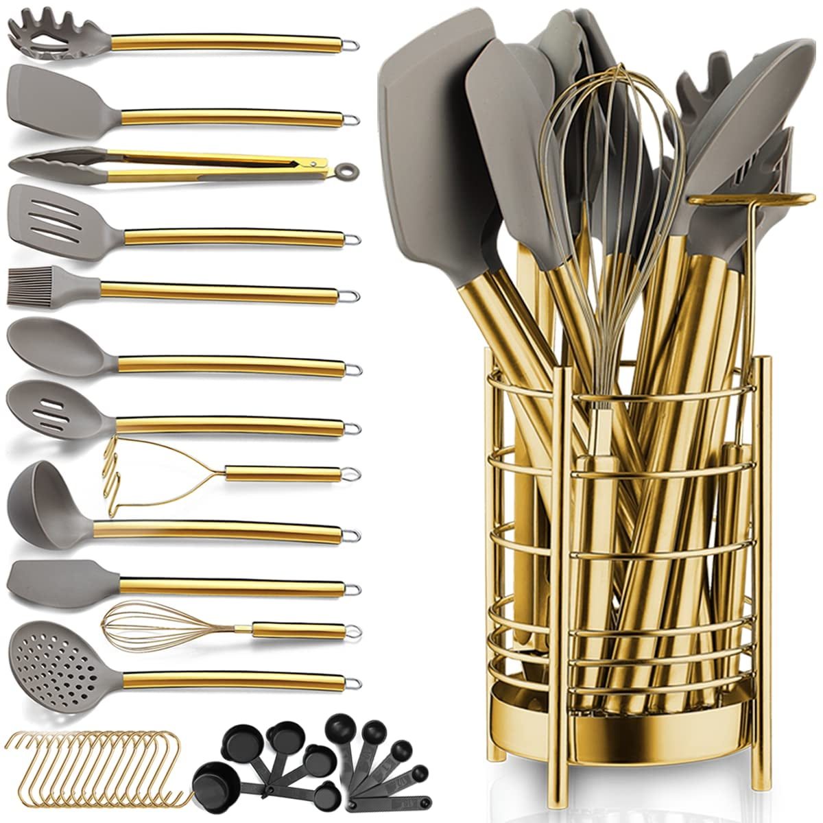 ReaNea Gold 38 Pieces Silicone Kitchen Utensils Set With Sturdy Stainless  Steel Utensil Holder