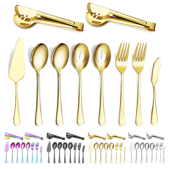 ReaNea Gold Flatware Serving Set of 10 Pieces, Silverware Serving Utensils Large Spoon Set