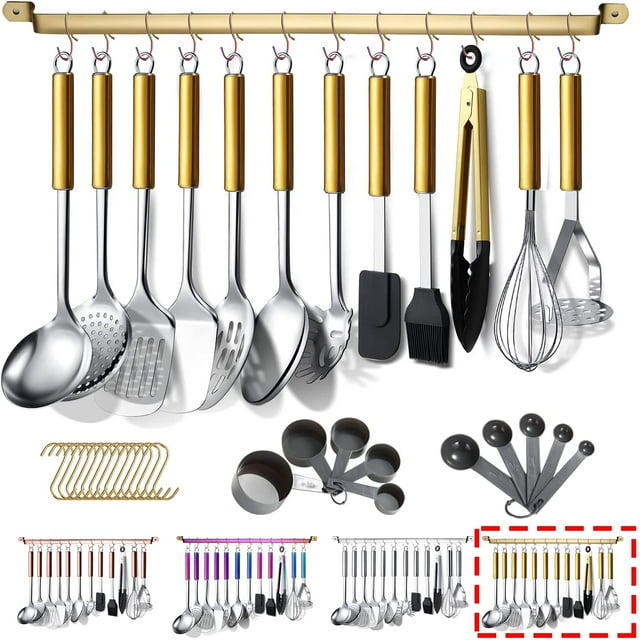 ReaNea Gold Handle Kitchen Utensils Set 38-Pieces, Stainless Steel Cooking Utensils Set, Kitchen Gadgets Cookwarewith Hooks For Hanging Kitchen Tool Set
