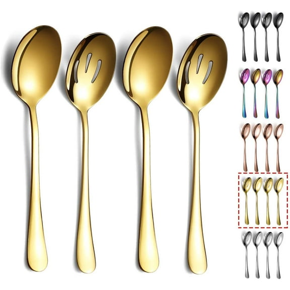 ReaNea Gold Serving Spoons 4 Pieces Include 2 Serving Spoon And 2 Slotted Spoon Stainless Steel Serving Set