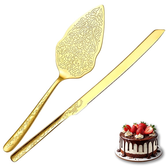 ReaNea Gold Wedding Cake Knife and Server Set, Titanium Gold Plating With Unique Pattern Design Cake Cutter Serving Set Perfect For Wedding, Birthday, Parties and Events Dishwasher Safe