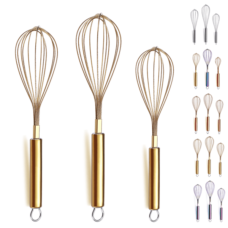 Reanea Gold Whisk Set of 3 Stainless Steel 8 inch 10 inch 12 inch Beater Wire Whisks for Cooking Kitchen Wisk, Size: 33.6x9.6x7cm