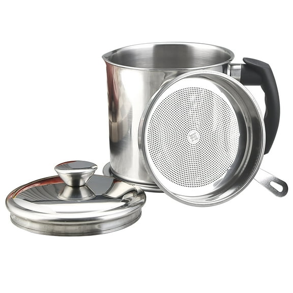 ReaNea Grease Container 48 oz, Stainless Steel Oil Container with Fine Strainer and lid