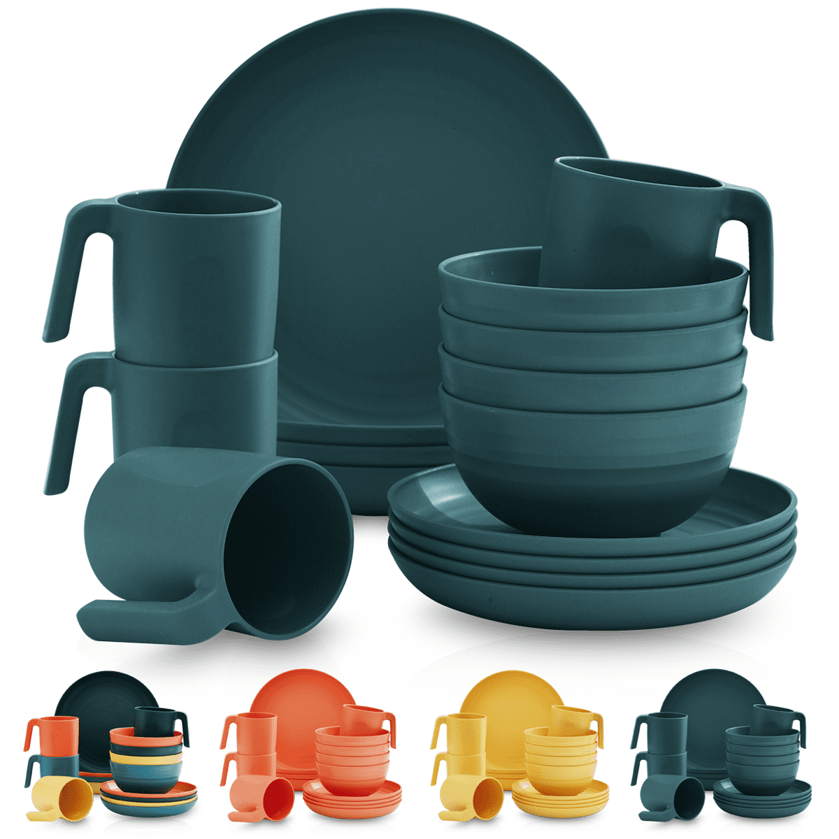 ReaNea Plastic Dinnerware Set for 4, 16 Pieces, Plates, Bowls, Mugs ...