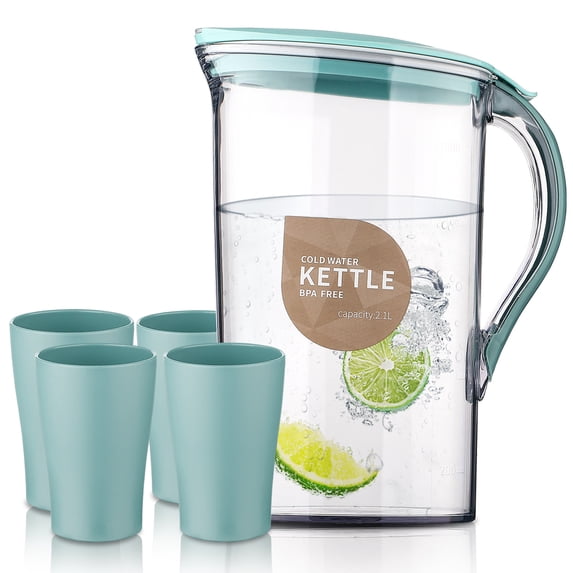 ReaNea Plastic Water Pitcher with Lid 71 oz and 4 Cups, Great for Juice, Milk, Beverage Cold Tea, Iced Tea (Blue)