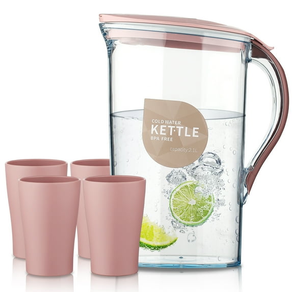ReaNea Plastic Water Pitcher with Lid 71 oz and 4 Cups, Great for Juice, Milk, Beverage Cold Tea, Iced Tea (Pink)