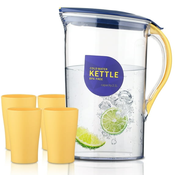 ReaNea Plastic Water Pitcher with Lid 71 oz and 4 Cups, Great for Juice, Milk, Beverage Cold Tea, Iced Tea (Yellow)