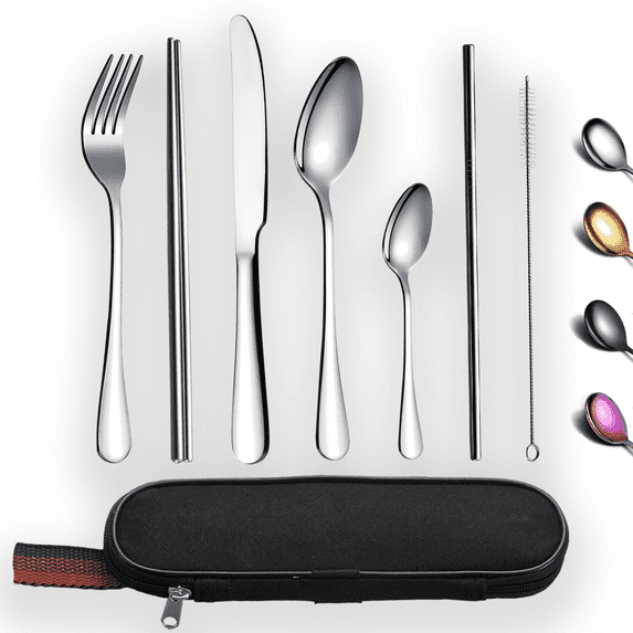 ReaNea Portable Utensils, Stainless Steel Travel Camping Cutlery Flatware Silverware Set 8 Pieces