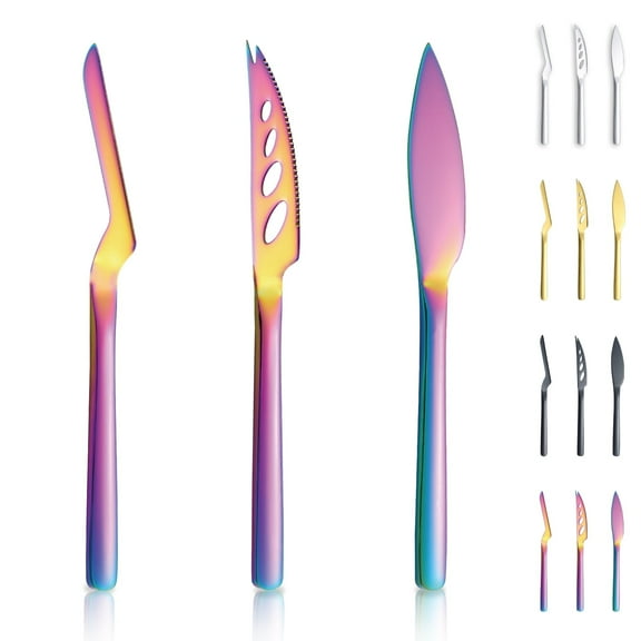 ReaNea Rainbow Cheese Knife Set of 3, Stainless Steel Cheese Knives for Charcuterie Board, Butter Spreader Knife