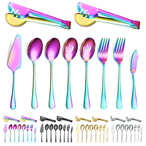ReaNea Rainbow Flatware Serving Set of 10 Pieces, Silverware Serving Utensils Large Spoon Set