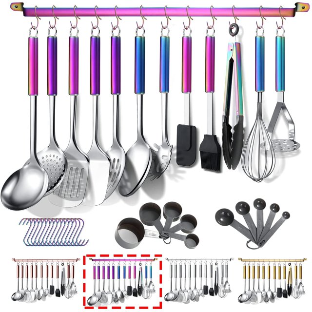 ReaNea Rainbow Handle Kitchen Utensils Set 37 Pieces, Stainless Steel Cooking Utensils Set, Kitchen Gadgets with Hooks For Hanging.