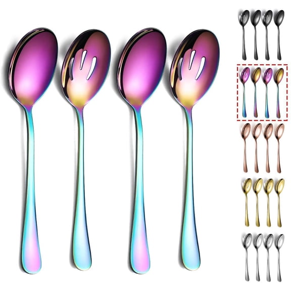 ReaNea Rainbow Serving Spoons 4 Pieces, 2 Serving Spoon 2 Slotted Spoons, Stainless Steel Serving Utensils Set