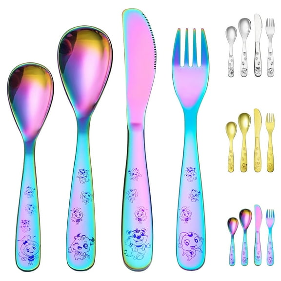 ReaNea Rainbow Toddler Utensils 4 Pieces Stainless Steel Kids Silverware Set Toddler Forks, Baby Spoons and Knife