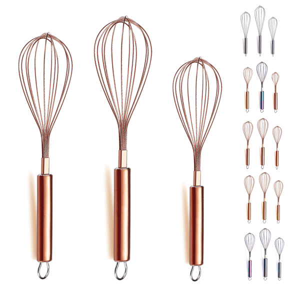 ReaNea Rose Gold Whisk Set Pack of 3 Stainless Steel 8" 10" 12" Whisks for Cooking, Beater, Kitchen Wire Wisk