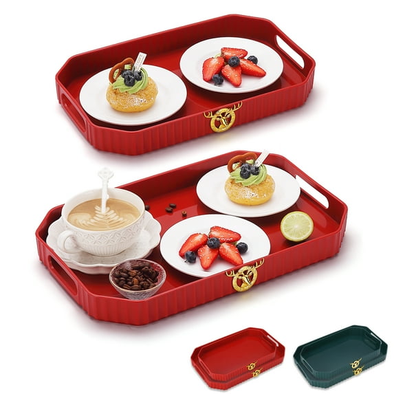 ReaNea Serving Tray with Handles Set of 2 Plastic Stackable Food Trays (Red)