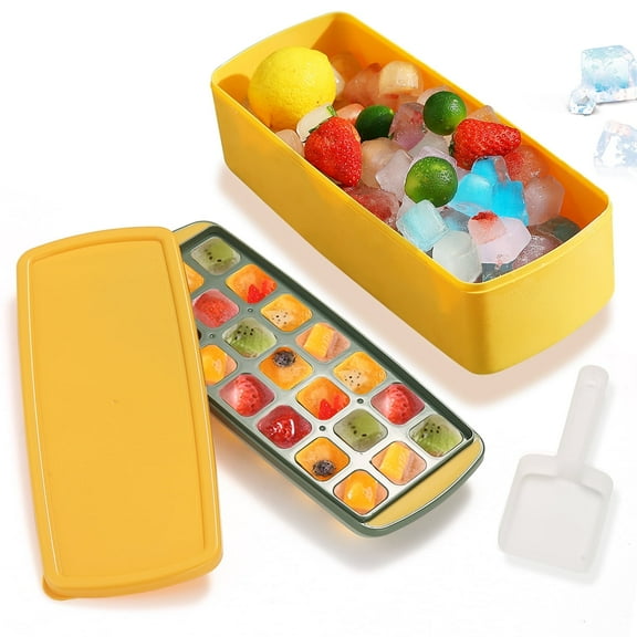 ReaNea Silicone Bottom Ice Cube Trays for Freezer with Ice Storage Box, Ice Scoop and Ice Cube Mold (Yellow)