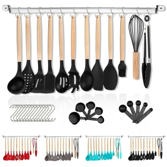 ReaNea Silicone Kitchen Utensils Set 38 Pieces, Non-Stick Cooking Utensils Set with Muti-Use Hooks and Utensil Racks（Black）