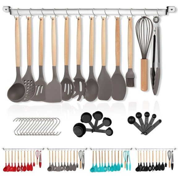 ReaNea Silicone Kitchen Utensils Set 38 Pieces, Non-Stick Cooking Utensils Set with Muti-Use Hooks and Utensil Racks(Gray)