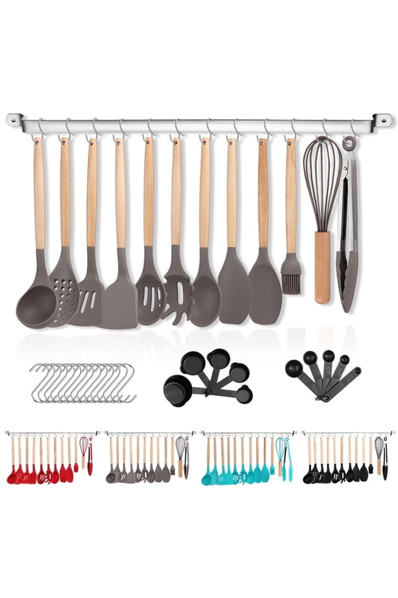 Silicone Kitchen Utensils Set 38 Pieces, Non-Stick Cooking Utensils Set with Muti-Use Hooks and Utensil Racks(Gray)