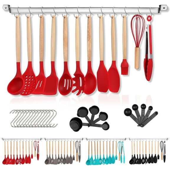 ReaNea Silicone Kitchen Utensils Set 38 Pieces, Non-Stick Cooking Utensils Set with Muti-Use Hooks and Utensil Racks(Red)