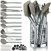 ReaNea Silver 38 Pieces Silicone Kitchen Utensils Set With Sturdy Stainless Steel Utensil Holder