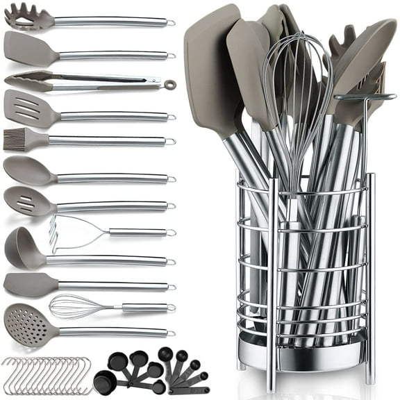 ReaNea Silver 38 Pieces Silicone Kitchen Utensils Set  With Sturdy Stainless Steel Utensil Holder